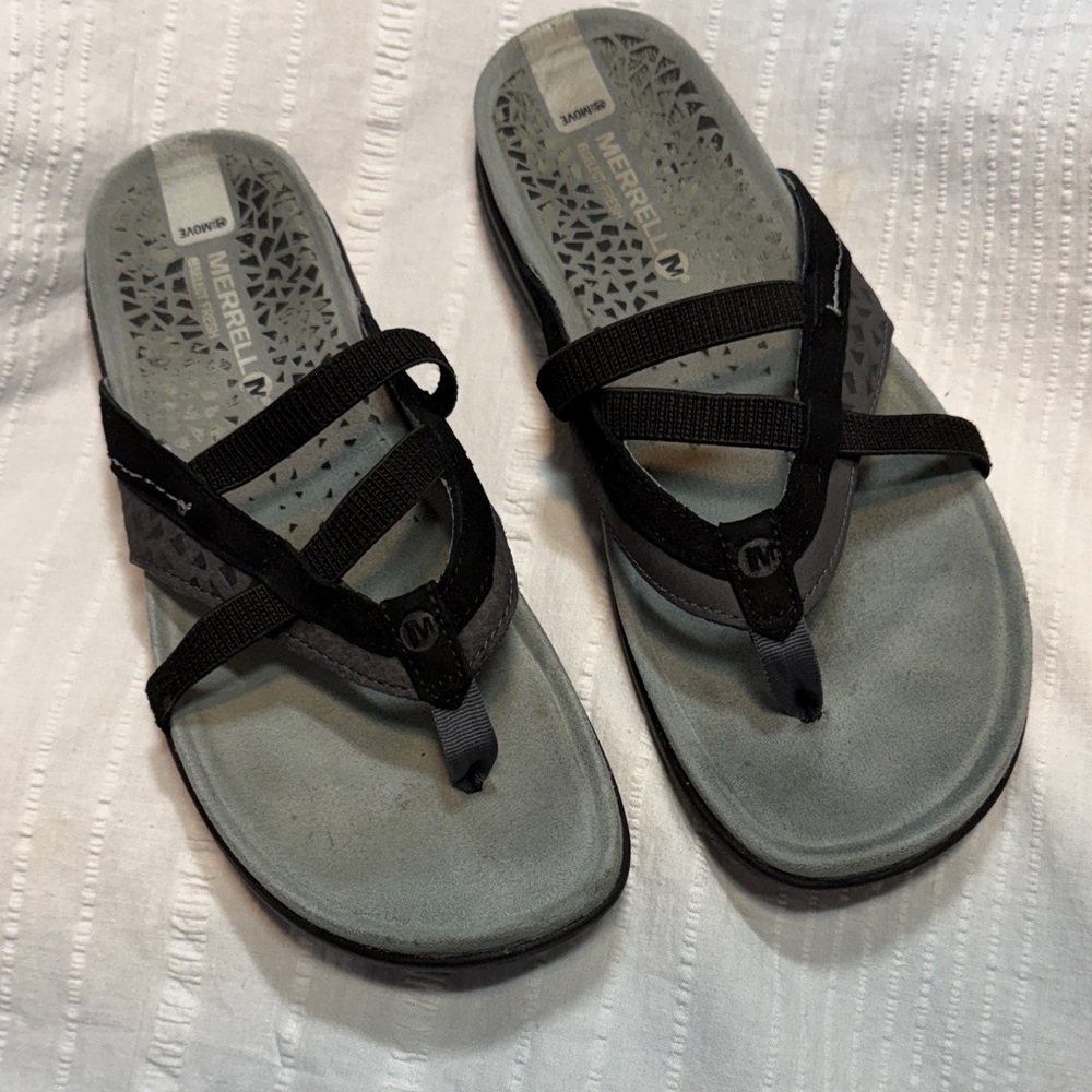 Merrell Women's 8 Black Gray Strappy Slip On Sandals Performance Footwear